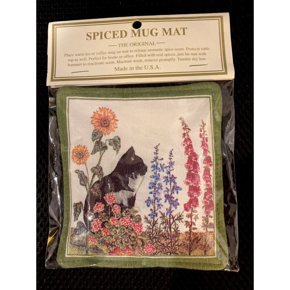 Alice's Cottage Spiced Mug Mat Black Cat with wildflowers-Made In The U.S.A!